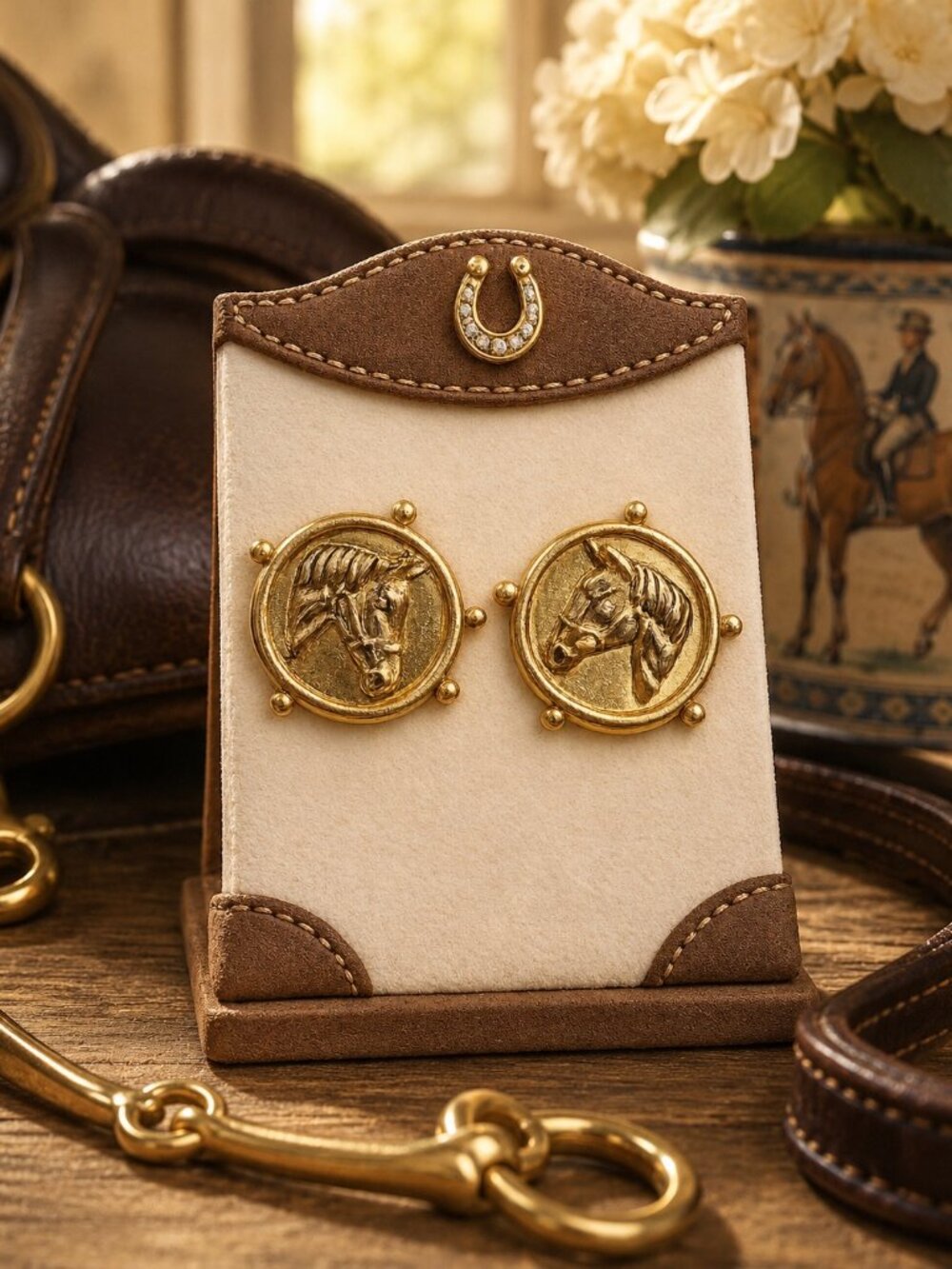 Gold Horse Medallion Earrings, Equestrian Horse Head Statement Earrings, Round